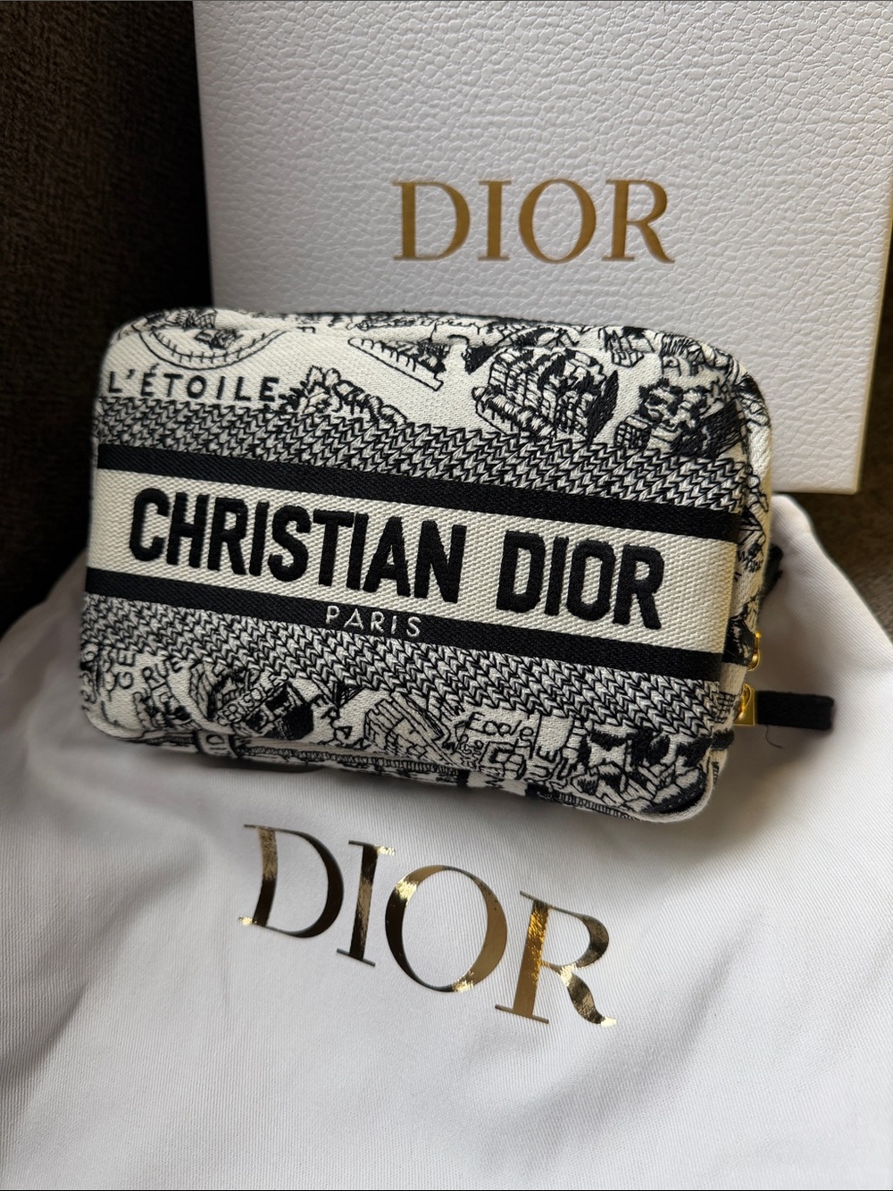 CHRISTIAN DIOR White/Black Canvas Plan De Paris Canvas Caro Cosmetic Pouch New